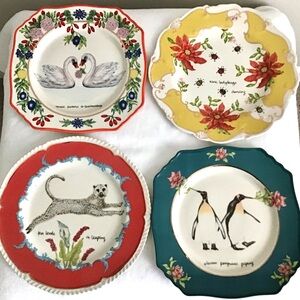 Anthropologie Lou Rota Handpainted Glazed Decaled Set of Four Plates New In Box
